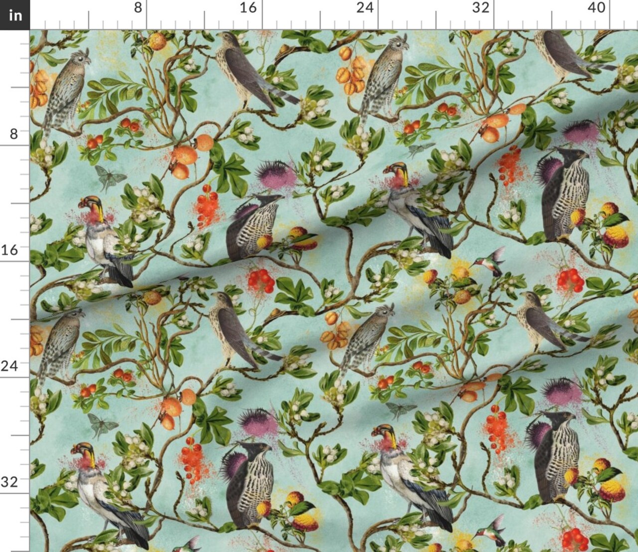 Vintage Birds Falcon Hawk Watercolor Chinoiserie Antiqued Of Prey Blue Green Botanical Custom Printed Fabric by Spoonflower Various Fabrics by the Yard or Fat Quarter